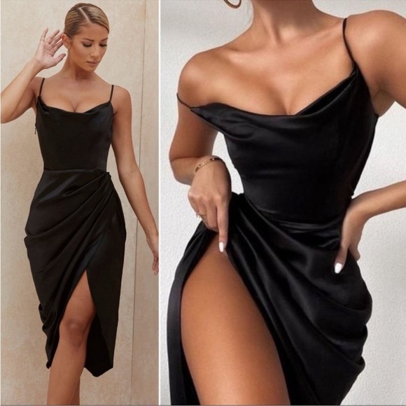 NWOT HOUSE OF CB Reva Black Satin Balcony Corset Midi Dress sz XS